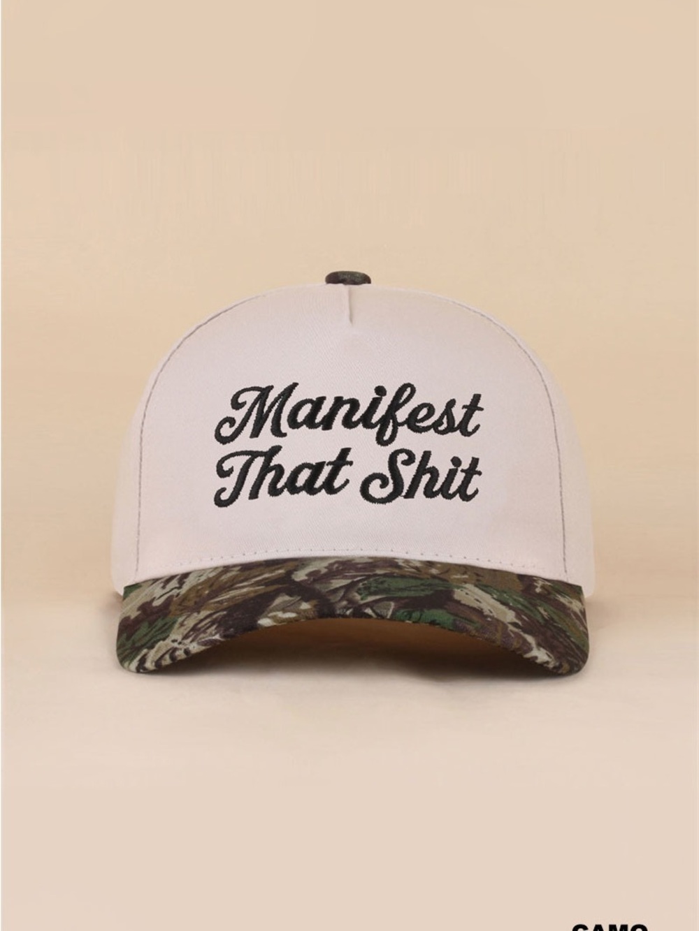 Zenana Cream & Camouflage Bill Cap with 'Manifest That Shit' Embroidery